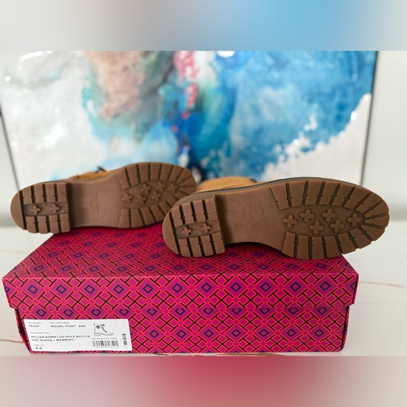 Tory Burch Miller 50MM Lug Sole Bootie Nat Suede/ Rhum-Port Women's Size 8.5 - Picture 9 of 12